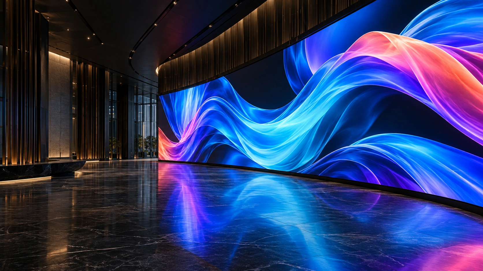 Concept visualization of a monumental curved LED video wall in a contemporary atrium